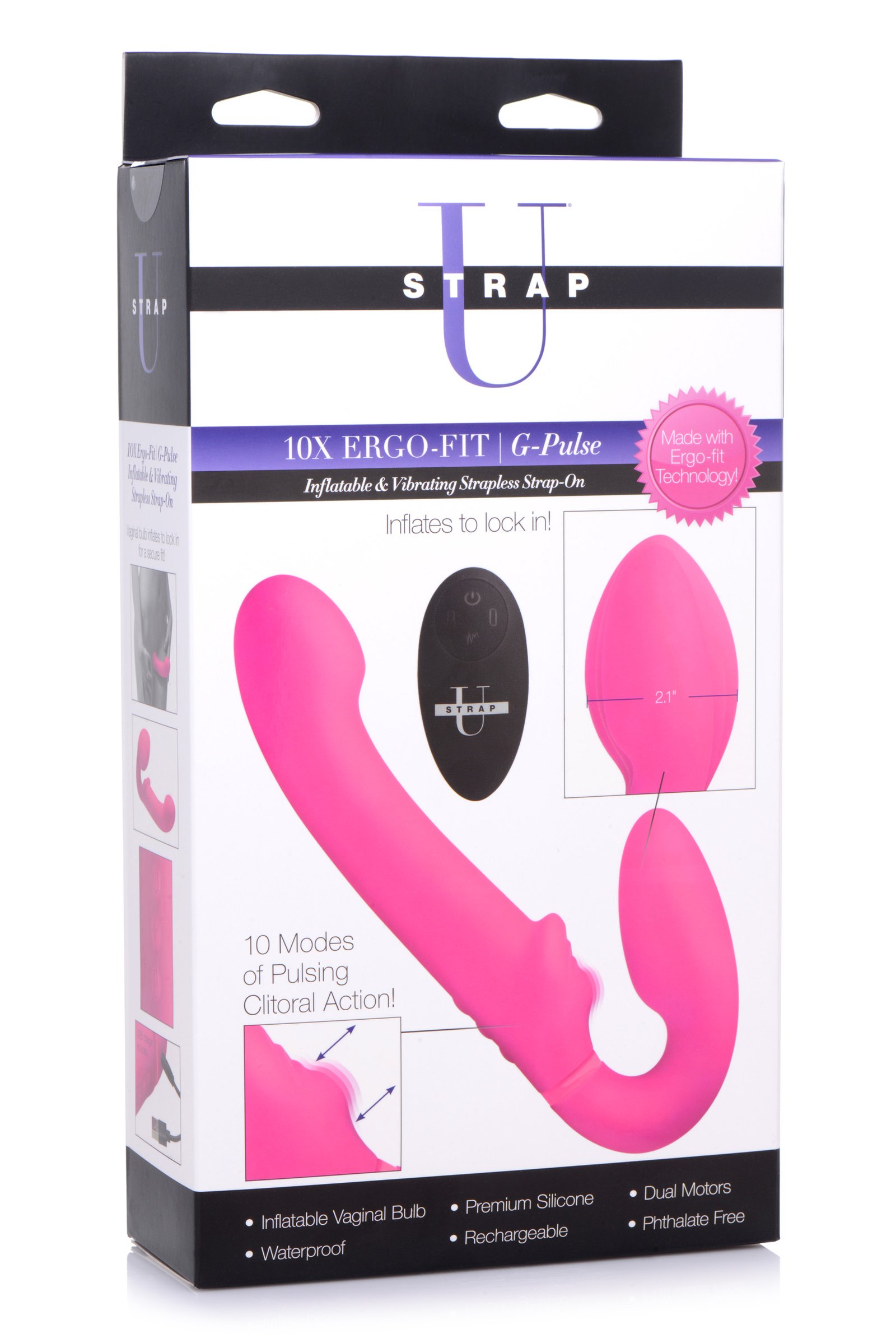 10X Remote Control Ergo-Fit G-Pulse Inflatable and Vibrating Strapless Strap-on - Pink - Image 9